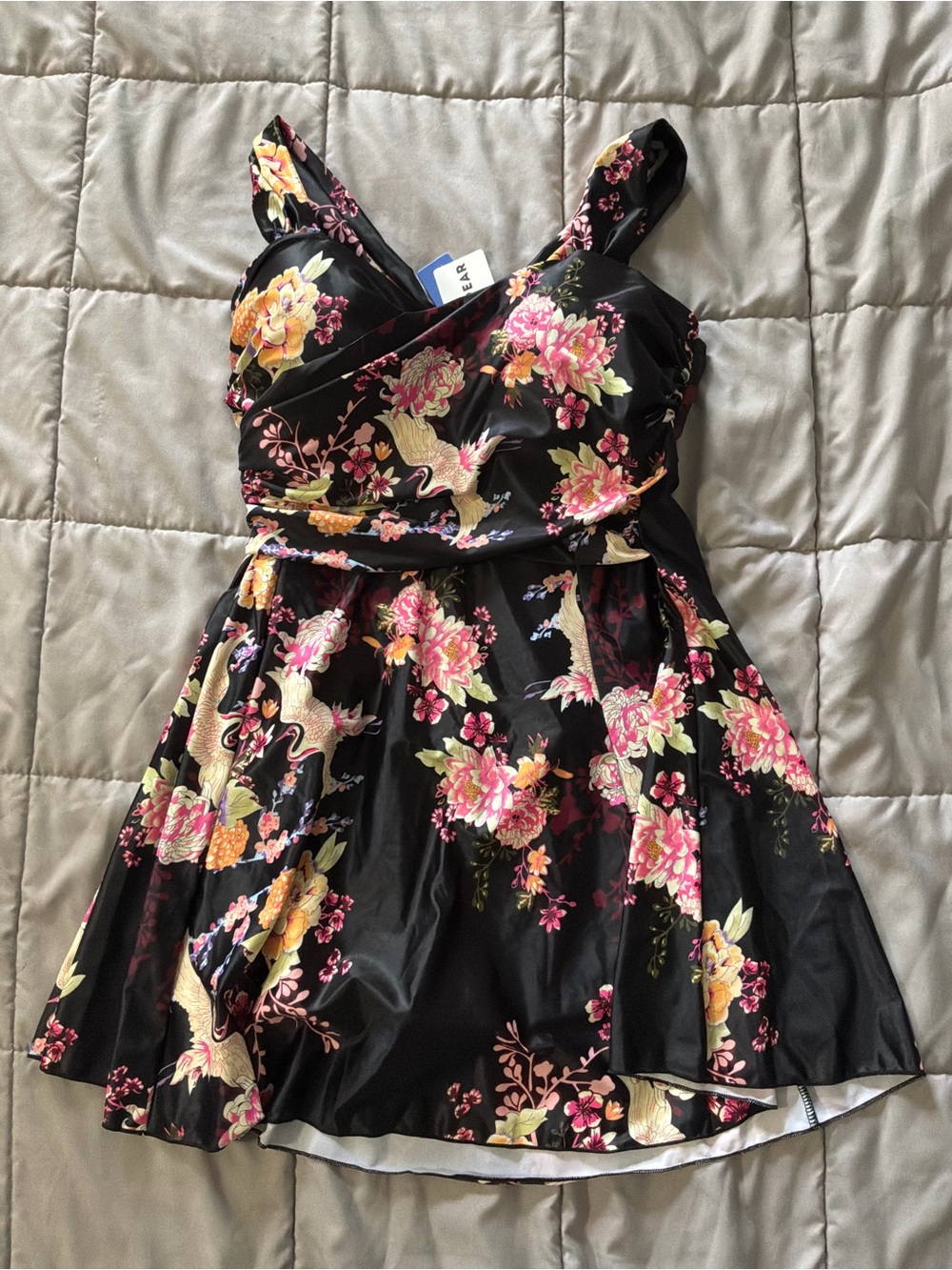 Cocopear XL Swimsuit Black Floral Cross Top Fit-and-Flare Dress with Crane Print